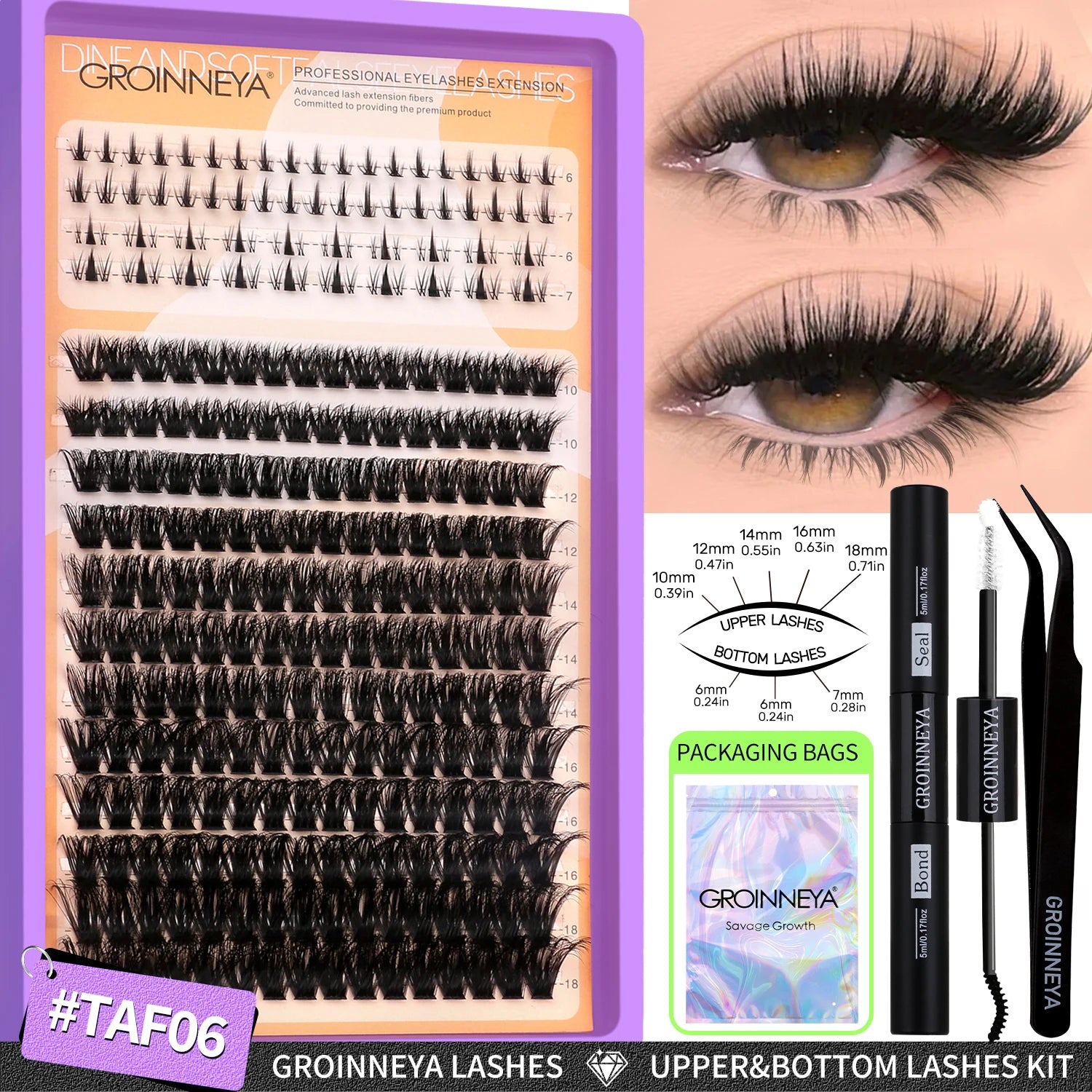GROINNEYA Lashes Clusters Kit With Lash Bond And Seal And Eyelash Tweezers Waterproof Strong Hold DIY Lash Extension Kit Makeup