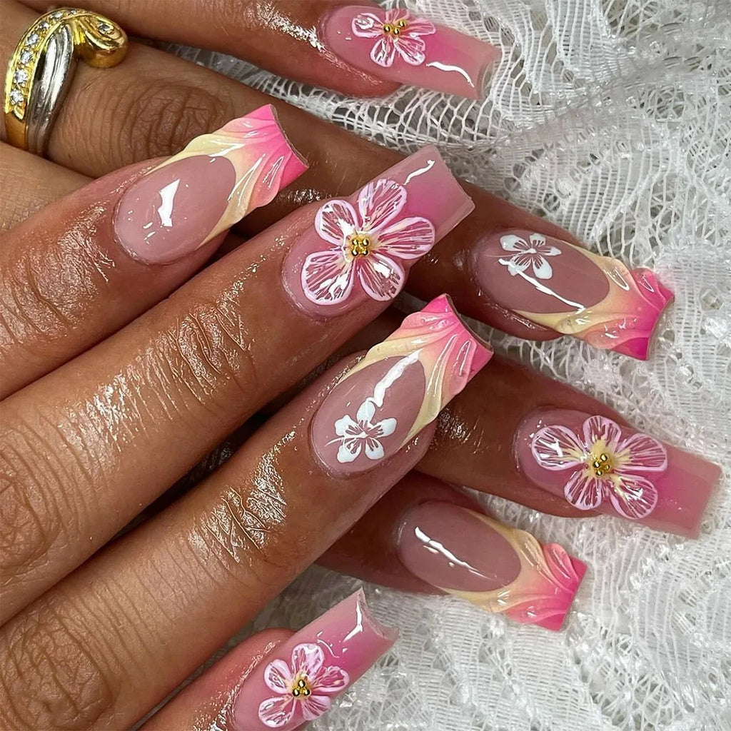 24pcs Tropical Flower Press On Nails Colorful French 3D Crystal Butterfly Shells Pattern Printed False Nails Almond Fake Nail