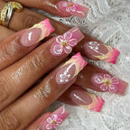 24pcs Tropical Flower Press On Nails Colorful French 3D Crystal Butterfly Shells Pattern Printed False Nails Almond Fake Nail