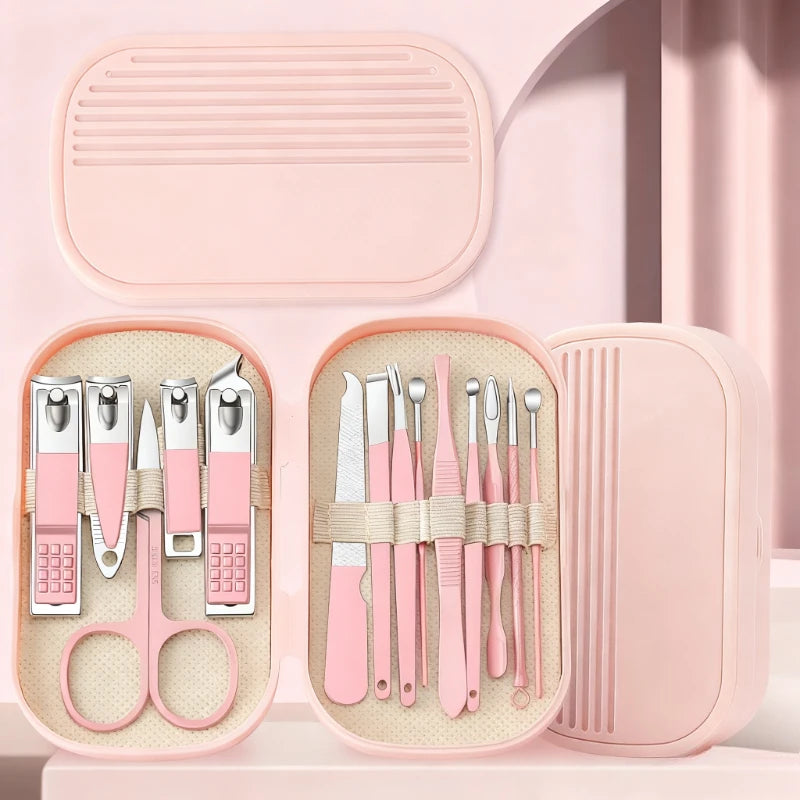 14 Piece Deluxe Nail Care Kit Pink & Blue Stainless Steel Manicure & Pedicure Set with Nail Scissors Clippers Ear Digging Spoon