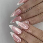 24pcs Glossy Red Cat's Eye Press On Nails Full Cover Nude Color Wearable Almond False Nails Charms Detachable Fake Nail For Girl