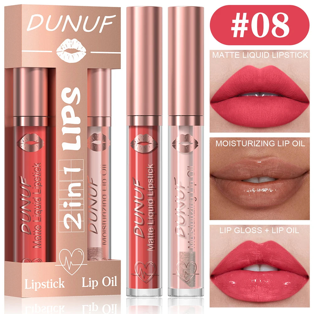 DUNUF Lip Gloss And Lip Oil Set 2-Piece Long-Lasting Waterproof Matte Moisturizing Non-Fading Lipstick Collection
