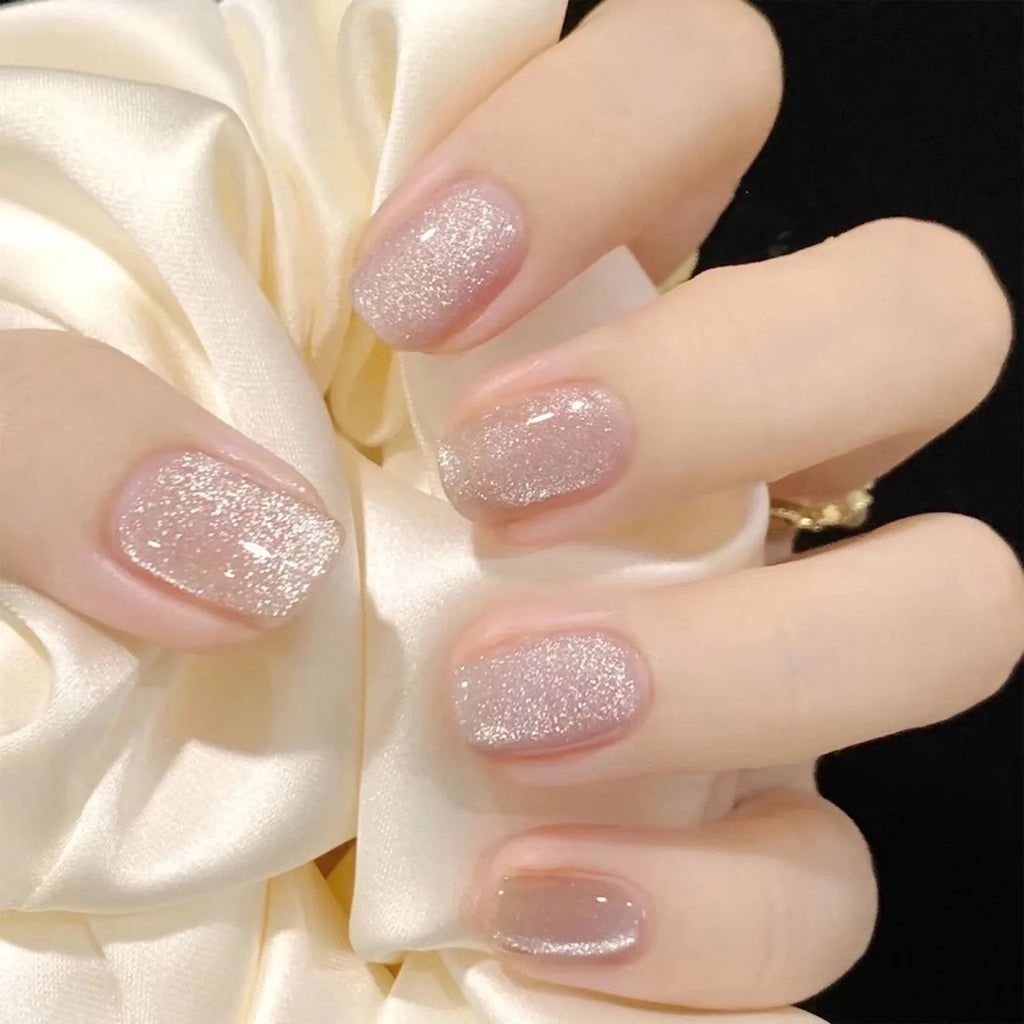 24pcs Pink Shiny Press-on Nails Cat Eye Glitter Artificial Nail Patch For Lady Women Manicure DIY Art Supplies with Jelly Glue
