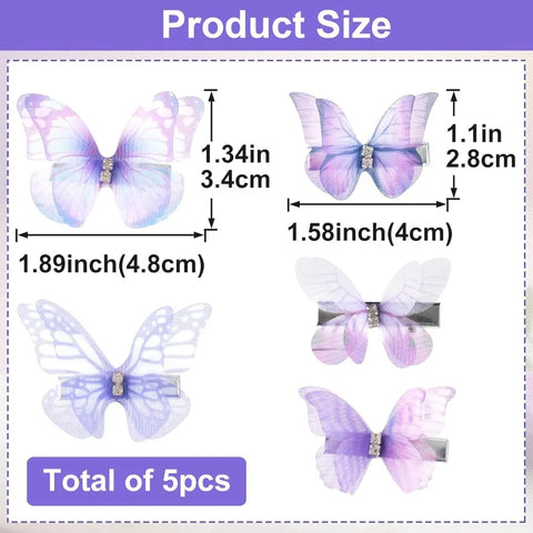5pcs Butterfly Hair Clips, Non-Slip Organza Hairpins, Purple Gradient Rhinestone Hair Barrettes Accessories for Women Thick