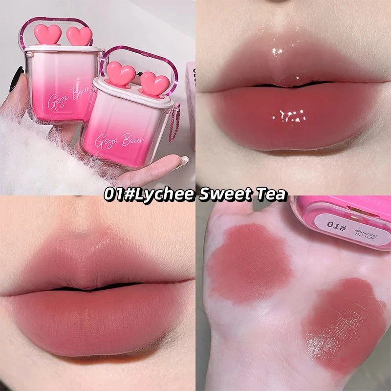 Heart Shape Glossy & Matte Lip Gloss Set Water Light Velvet Fog Labial Combination Mirror Moisturizing Plump Lips Makeup 2pc/Box