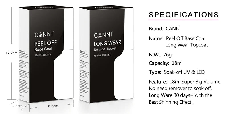 Canni 18ml Big Size Long Wear Diamond No Wipe Top Coat Peel Off Base Coat Nail Manicure Soak Off UV LED TPO FREE Gel Polish