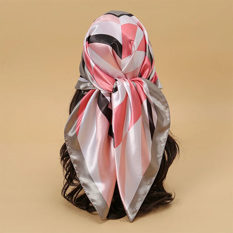 Satin Square Scarf Women Muslim Hijab Elegant 2025 Print Silk Neckerchief Shawl Wraps Headband Handle Hair Accessories Bandana