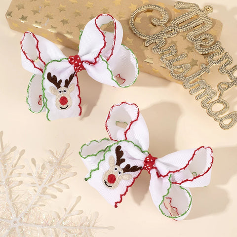 2Pcs Christmas Cartoon Bow Hair Clips Handmade Santa Embroidery Hairpins For Girls Kids Trendy Headwear Hair Accessories Gift