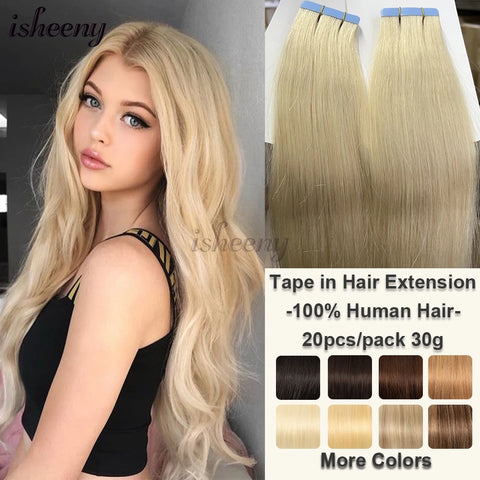 Blonde Invisible Tape in Human Hair Extensions 12-20 inches 20pcs 30g/pack Natural Straight Hair Easy to Wear at Home for Women