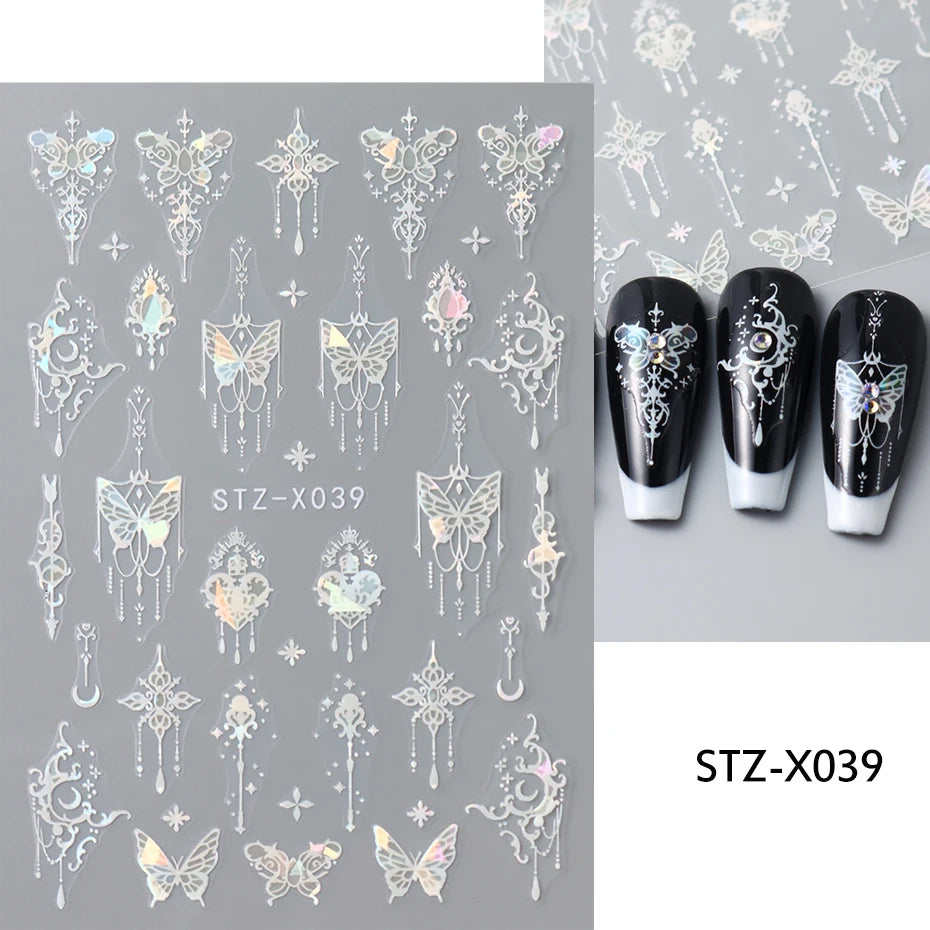 Black White Butterfly Laser Nail Stickers Y2K Nail Art Decoration Abstract Metal Lines Bronzing Lace Flowers Stickers For Nails
