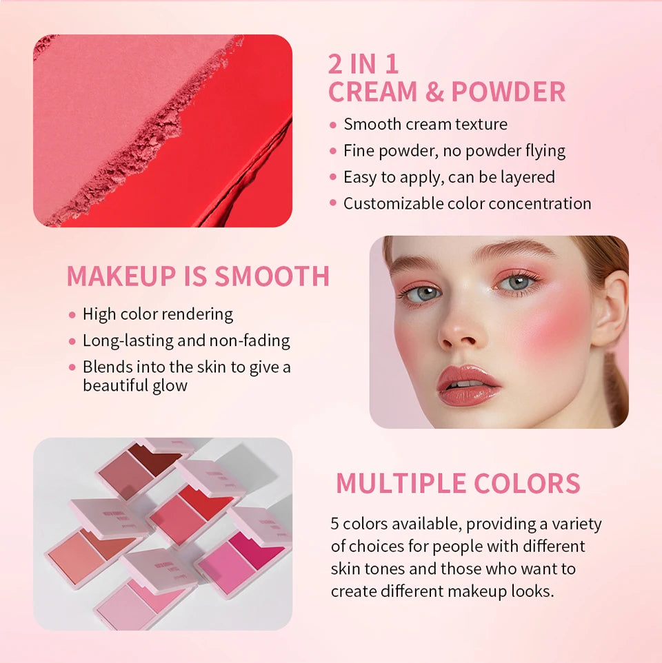 Cream & Powder Blush Matte 5Colors Dewy Rosy Blush Makeup Pan Long-lasting Wearing High Pigment Natural Matte Blush Cosmtics