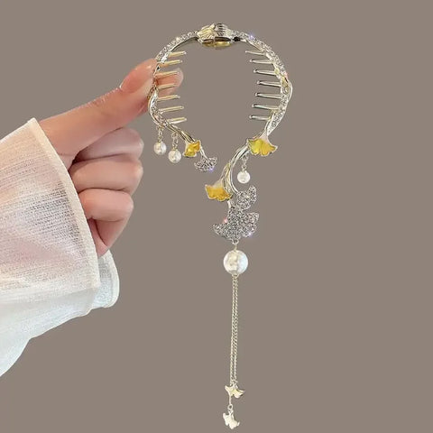 Flower Tassel Hair Clip Women Ladies Butterfly Rhinestone Pearl Metal Hair Claw Round Bun Ponytail Holder Hair Accessories