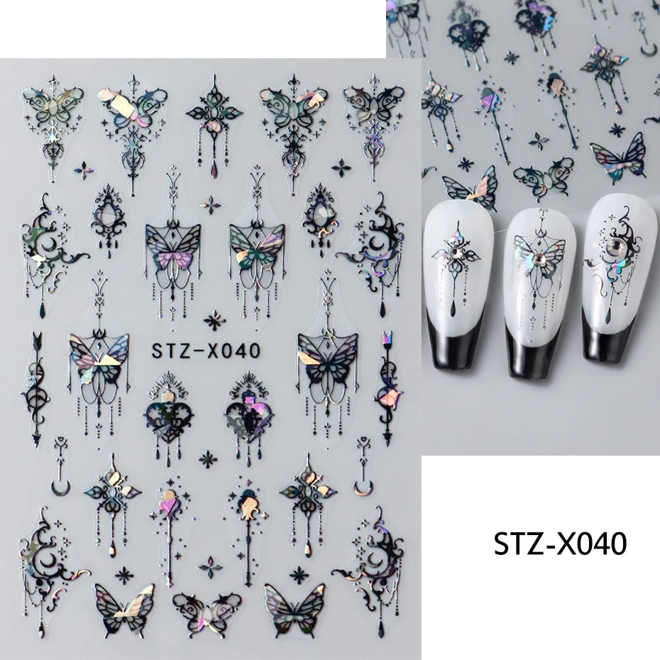 Black White Butterfly Laser Nail Stickers Y2K Nail Art Decoration Abstract Metal Lines Bronzing Lace Flowers Stickers For Nails