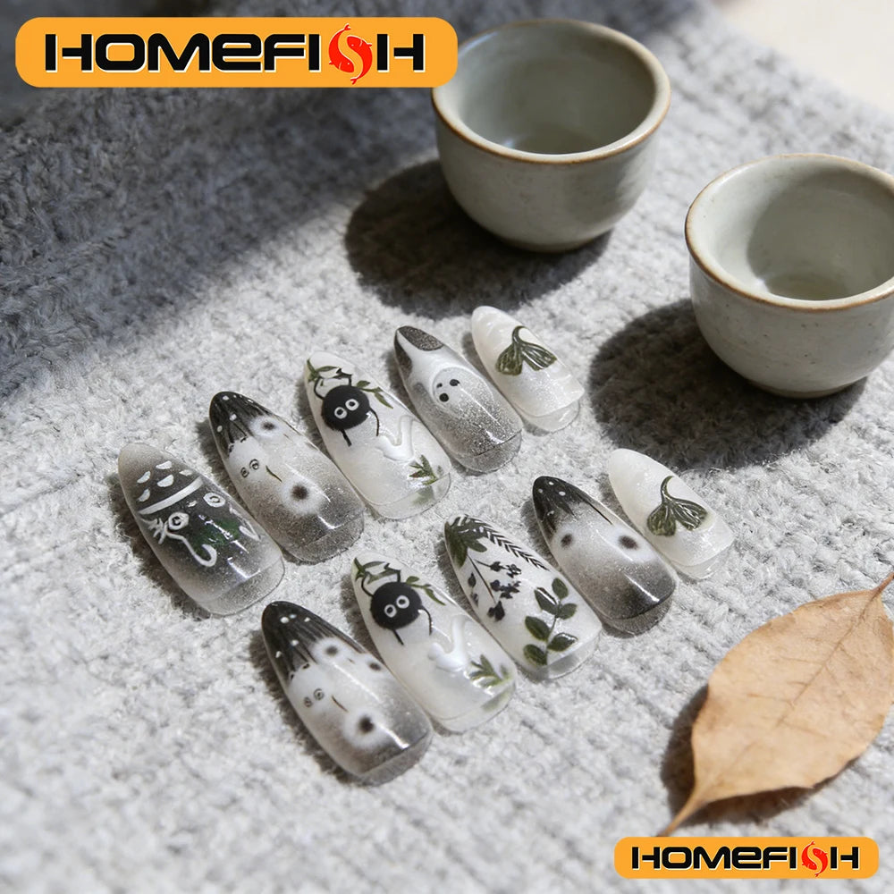 24pcs Gradient Black False Nails Cute Cartoon Cat's Eye Forest Elf Girl Press On Nails Glossy Almond Sweet Cool Fake Nail Tips