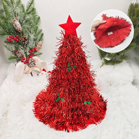 Christmas Tree Hats Fabric Rain Silk Hat for Adults Kids Funny Santa Hat with Tinsel Xmas Holiday Party Costume New Year Decor