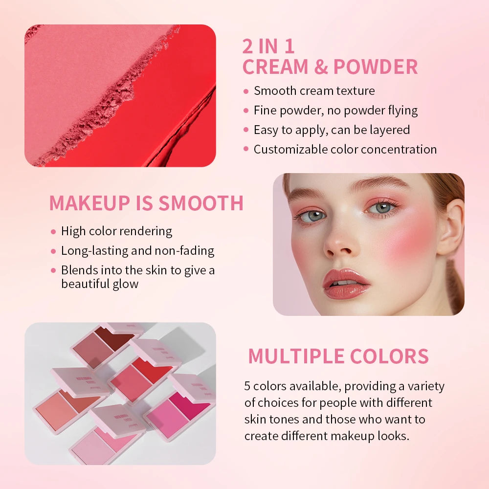 Lakerain 2in1 Cream & Powder Blush Palette Natural Long-lasting High Pigment Blush Makeup Pan Clear Vitality Girl Blush Palette