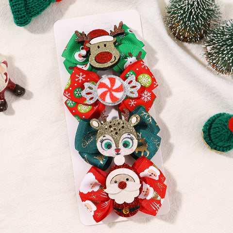 4pcs New Christmas Hair Bow Clips for Baby Girls DIY Glitter X'mas Santa Elk Bowknot Hairpin Cute Kid Headwear Hair Accessories