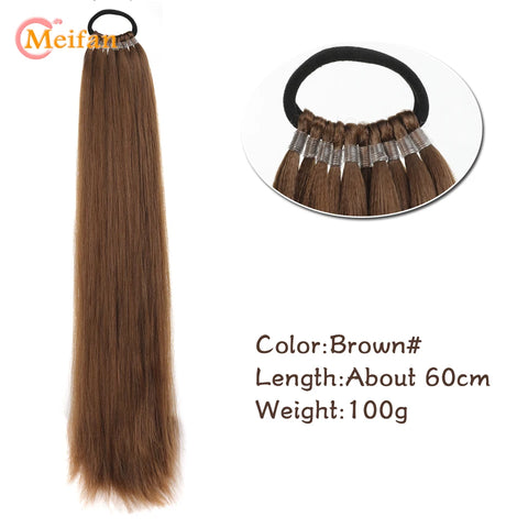 MEIFAN 24 Inch Synthetic Ponytail Extensions Black Natural Braided Pony Tail Hairpiece Long Straight Rubber Band Hair For Women
