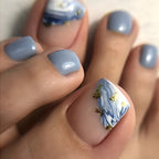 New White Flower Artificial Toe Nails with Gold Foil False Toenail Tips French Lady Girl Wearable Press on Nails for Feets