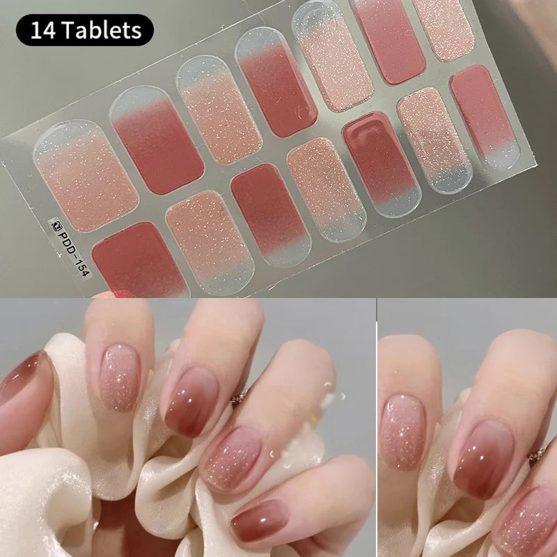 Pink Glitter Design Baking-free Nail Stickers French Style Solid Color Adhesive Full Cover Nail Strip Slider DIY Manicure Decals