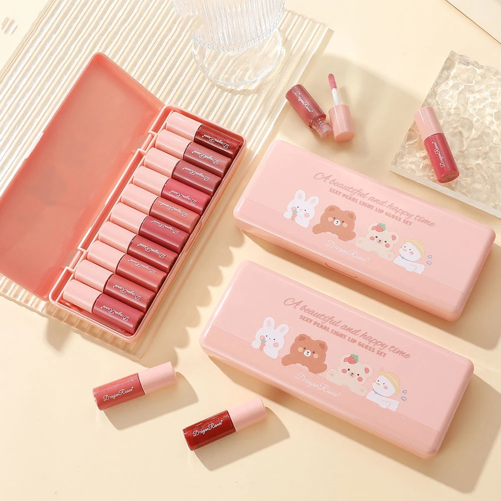 Set of 10 Shimmering Lip Glosses, Easy to Apply, Lip Glaze, Lipstick, Non-Stick Cup, Non-Fading, Moisturizing, Shiny Lip Gloss, Glass Lip, Shimmering Pearlescent Lip Gloss Set