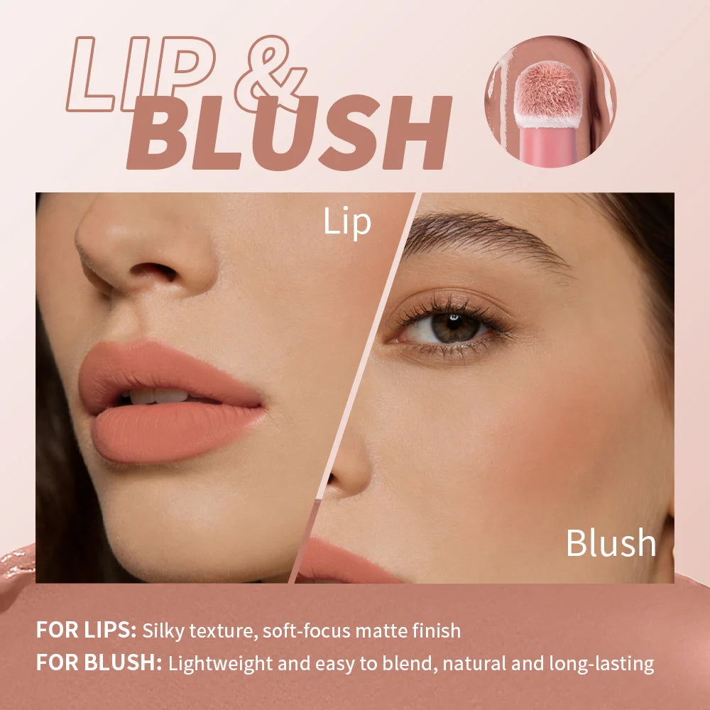 Lip Stain Air Cushion Lip Cream 2 in 1 Lip&Blush Waterproof Matte Lip Glaze Mouth Red Lip Mud Non-fading Non-stick Cup Makeup