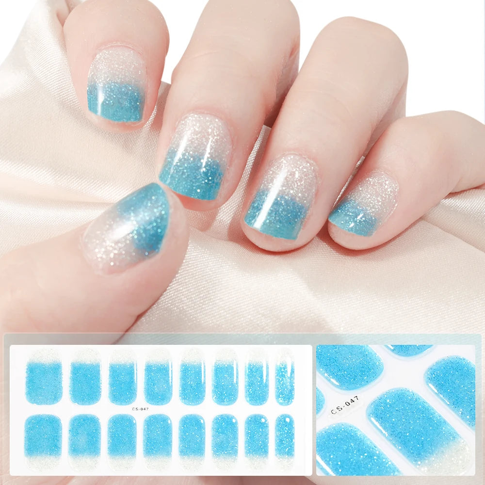 16Tips French Black Semi-Cured Nail Stickers With Glitter Long-Lasting UV Gel Nail Polish Wraps Full Cover Nail Art Decals Patch