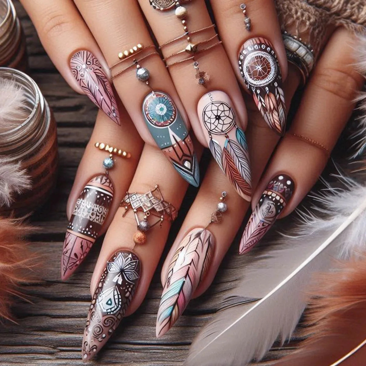 24pcs/set Medium long fake nails for women Spring summer flowers butterfly bee design faux ongles tips press on false nail art