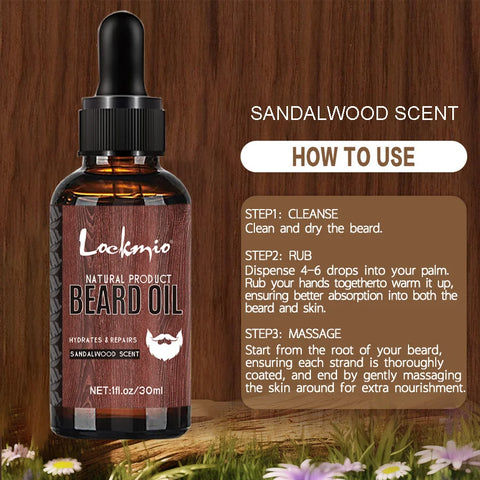 Natural Beard Growth Oil Sandalwood Scent Hydrates Repairs Skin Roots Fuller Thicker Styling Beard Care for Men