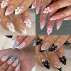 ARTAUG 96PCS Pressed French Almond False Nails With 3d Bow Pearl And Flower Designs, Reusable Acrylic False Nails