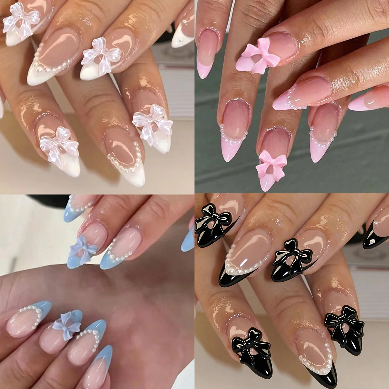ARTAUG 96PCS Pressed French Almond False Nails With 3d Bow Pearl And Flower Designs, Reusable Acrylic False Nails