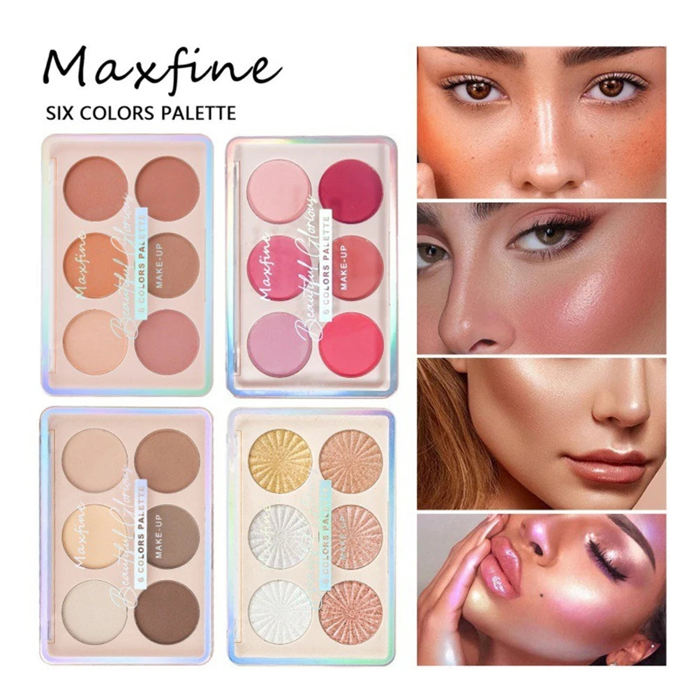 6-color blush and contouring all-in-one palette, pearlescent matte powder makeup palette glitter highlighter brighten palette