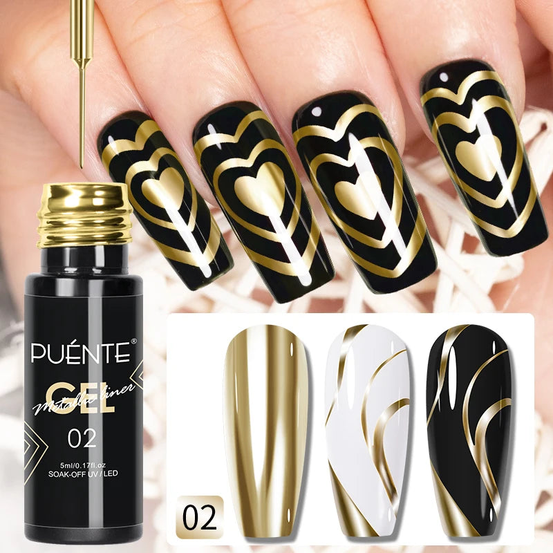 PUENTE 5ml Metallic Painting Liner Gel Polish Bright Mirror Effect Semi-Permanent UV Nail Varnish For Stunning French Nail Art