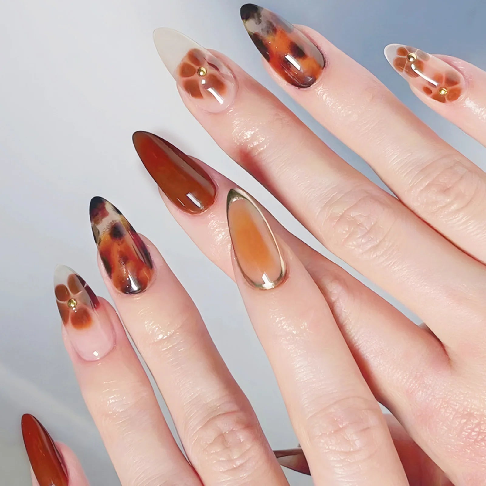 24pcs Brown French Leopard Print Press On Nails Stereo Pink Flower Designs Autumn False Nails Sweet Cool Almond Fake Nail Tips