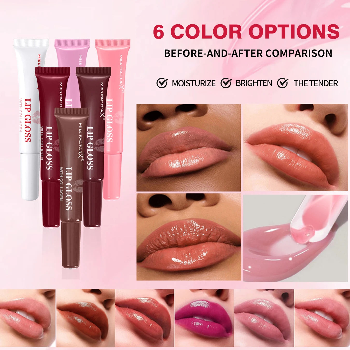 6pcs/box 6-color lip gloss set Unique gift set Long-lasting moisturizing Glossy lip color Valentine’s Day gift Thanksgiving gift