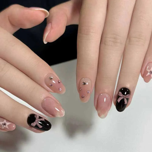 10Pcs French Plaid Bean Paste Pink Powder Butterfly Bowknot with Diamond Press On Nails Korean Style Girl Nail Patch Fake Nails