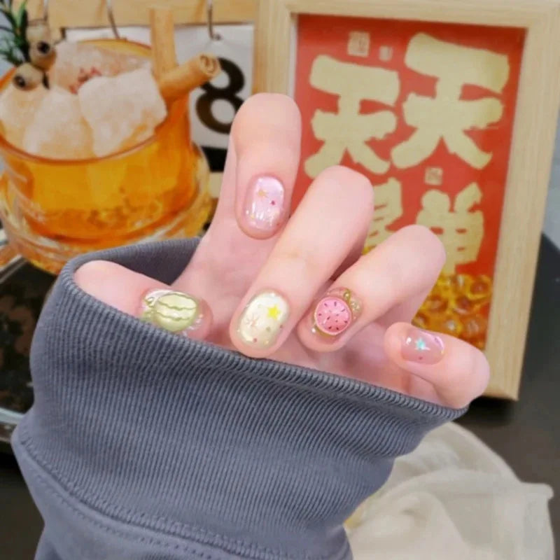 10pcs Handmade Press on Nails Short Square Watermelon Star-Moon  Full Coverage Nail Tips for Women&Girl Removable Wearable nail