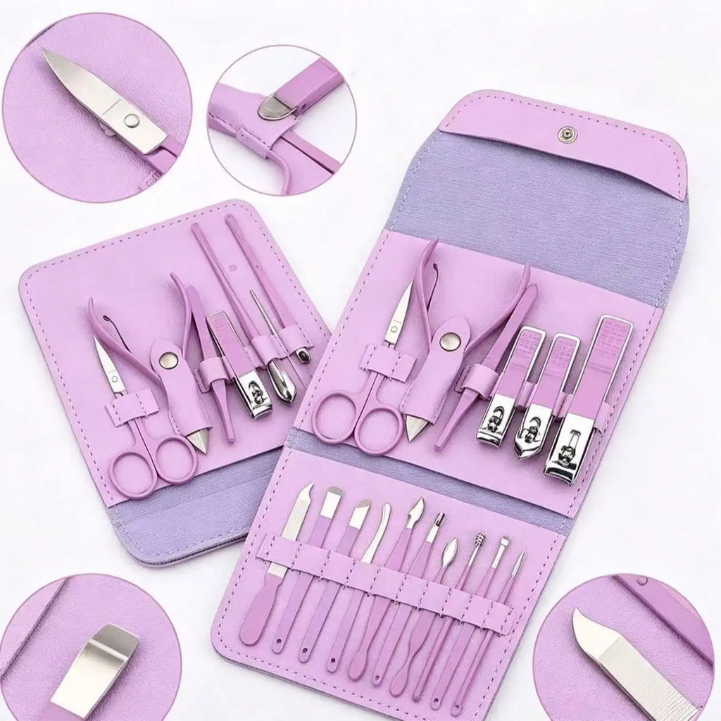 16pcs Stainless Steel Manicure & Pedicure Tool Set, Nail Care Kit, Suitable For Home, Office, Outdoor Travel, Gifts, Nail Salons, Back To School