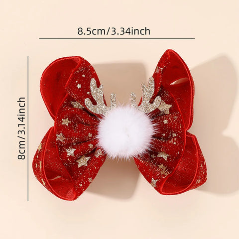 2Pcs Christmas Star Bow Hair Clips Glitter Antler Bownot Hairpins Vintage Velvet Barrette For Girls Xmas Headwear Accessories