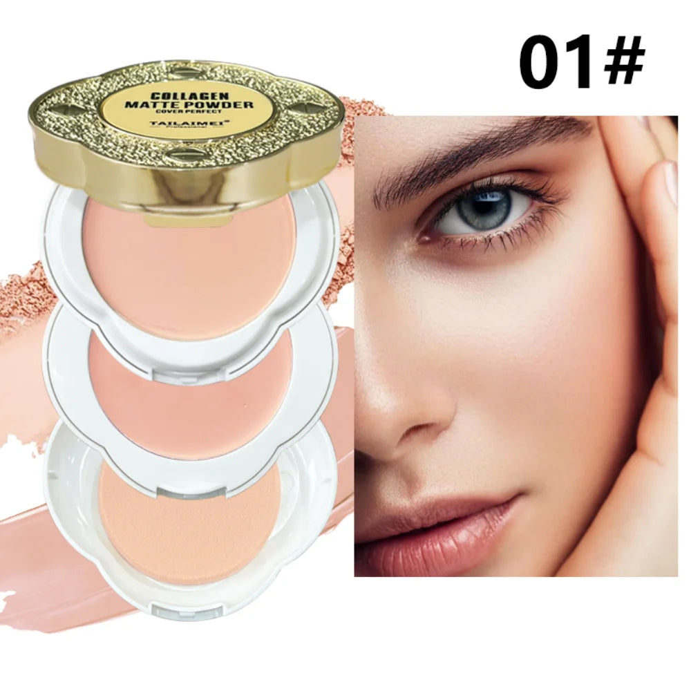 Natural Matte Pressed Powder Oil Control Brighten Whitening Face Base Foundation Compact Concealer Makeup Cosmetics
