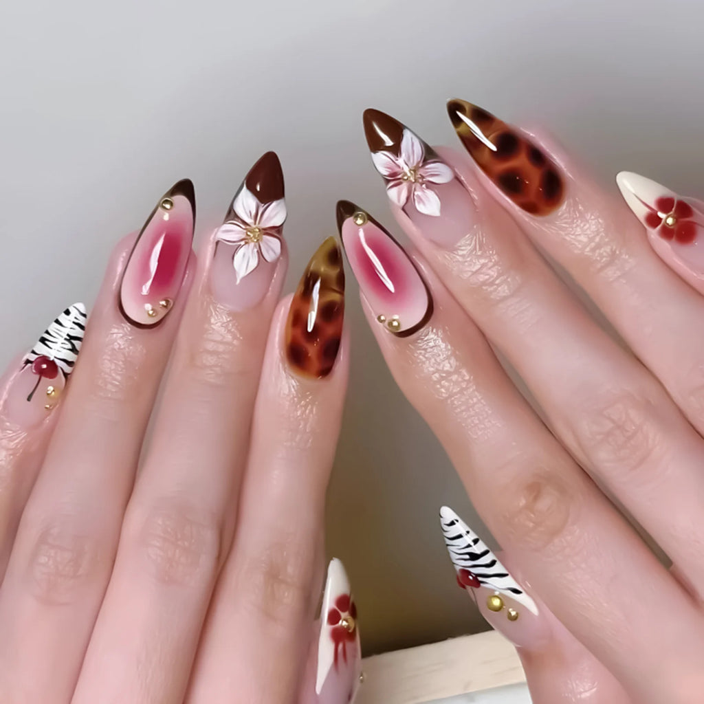24pcs Brown French Leopard Print Press On Nails Stereo Pink Flower Designs Autumn False Nails Sweet Cool Almond Fake Nail Tips
