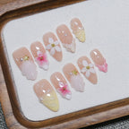 10pcs French Almond Press on Nails Flower False Nails Wearable Stick-on Nails Fake Nail Uñas Postizas Mujer Накладные Ногти 네일팁