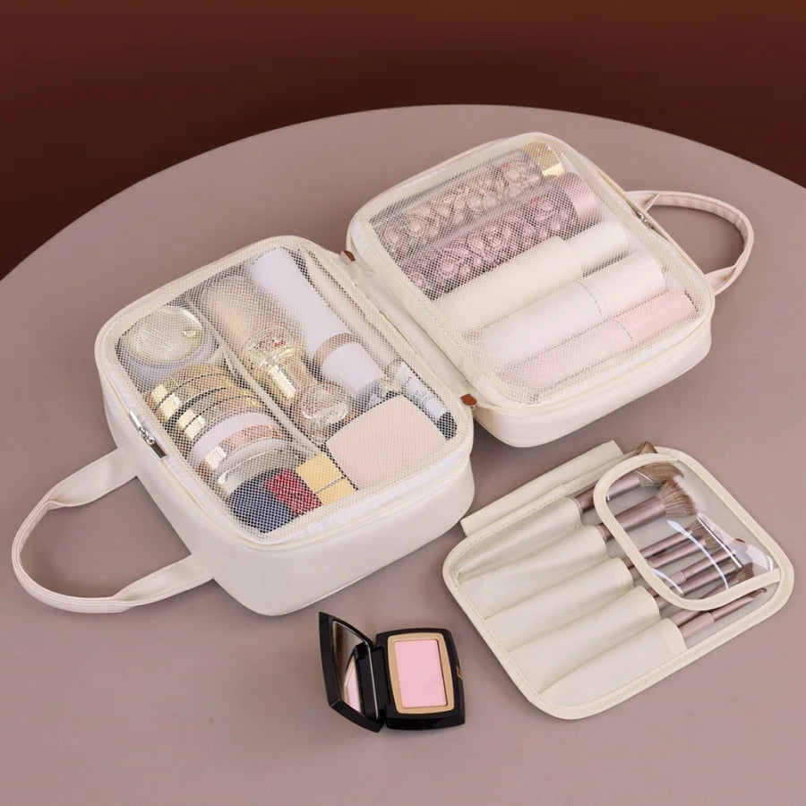 Multifunctional Makeup Bag For Women PU Leather Large Capacity Portable Double Zipper Travel Makeup Brush Toiletries Storage Bag
