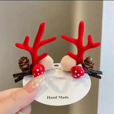 2Pcs Christmas Antler Hair Clips Pendants Xmas Ornaments Merry Christmas Decor for Girl Reindeer Hair Accessories Happy New Year