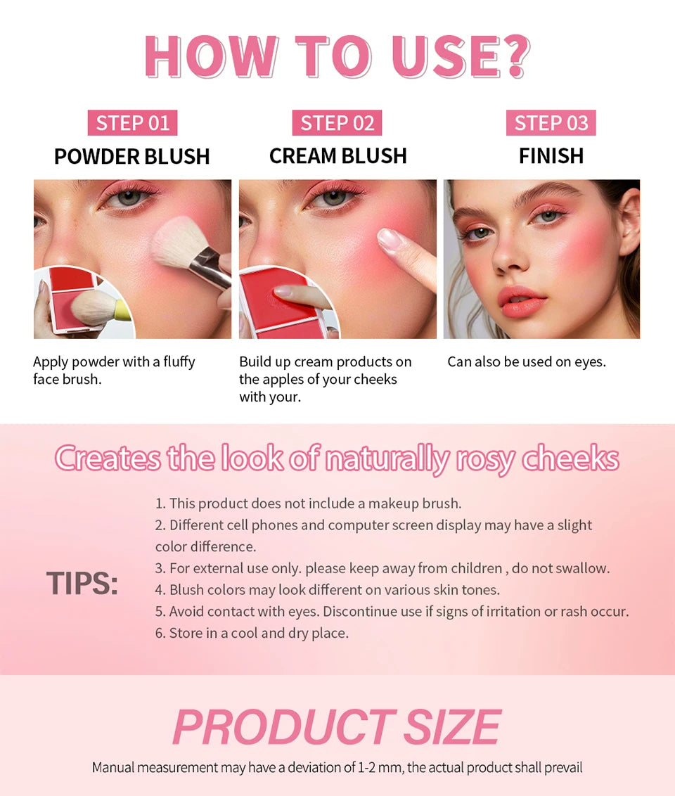 Cream & Powder Blush Matte 5Colors Dewy Rosy Blush Makeup Pan Long-lasting Wearing High Pigment Natural Matte Blush Cosmtics