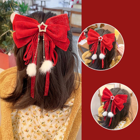 Red Golden Bow Hair Ornament Christmas New Year Accessories Hair Clips For Women Girls