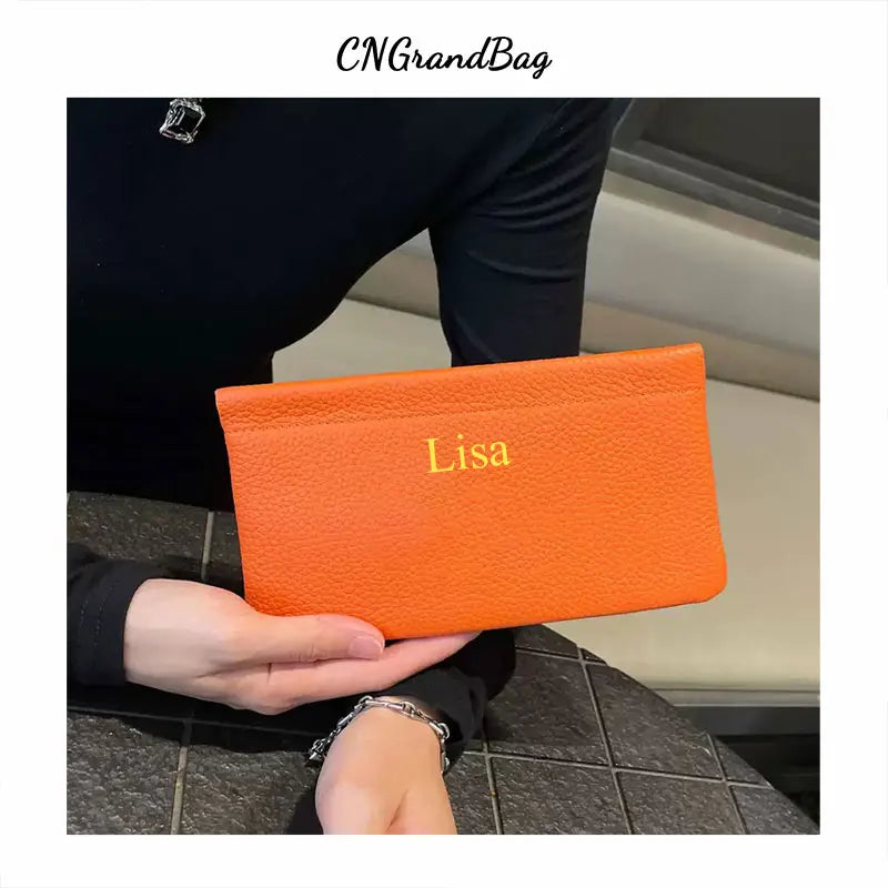 Custom Letters  Ladies Genuine Leather Ultra-thin New Minimalist Long Wallet With Automatic Closure makeup Lipstick Storage Bag