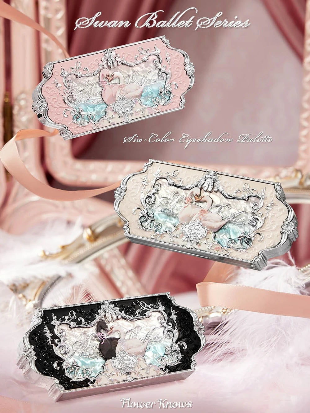 Flower Knows Swan Ballet Collection 6 Color Palette Embossed Blush Shine Lipstick Fairy Tale Ballet Makeup Gift Set