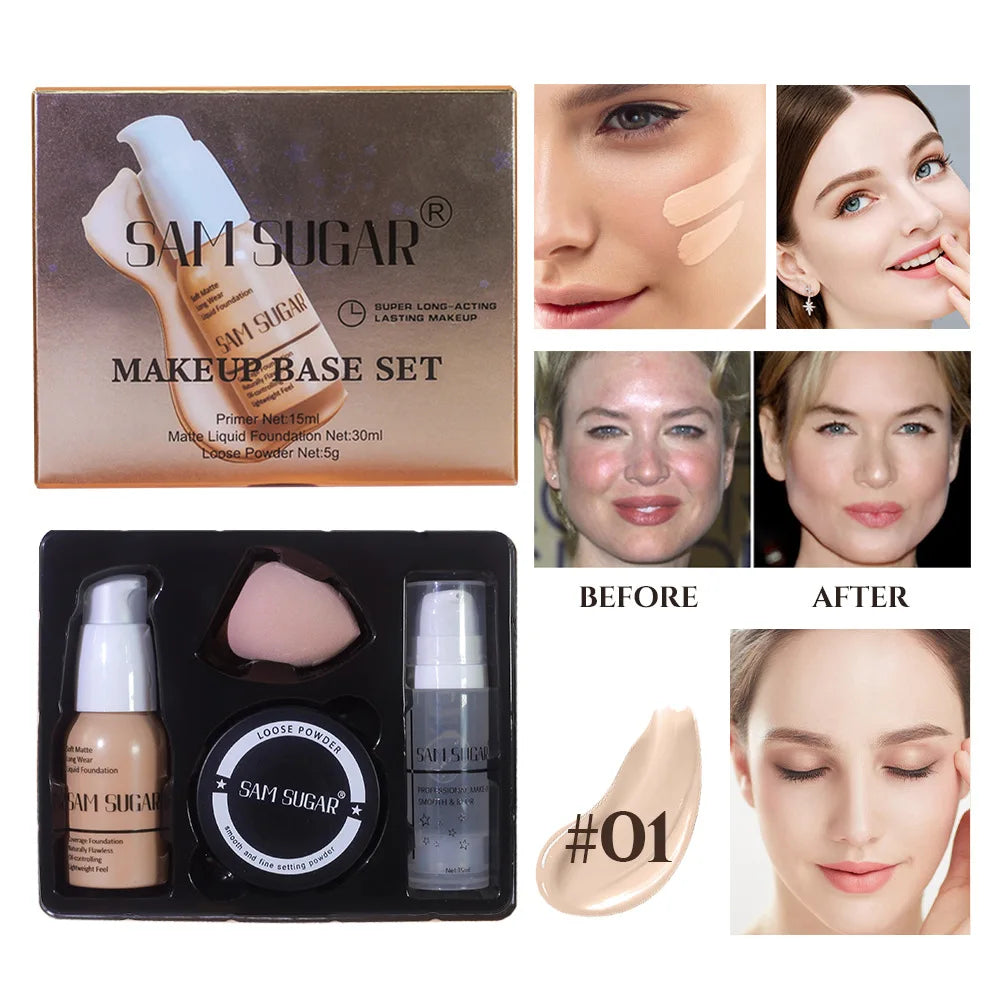 Makeup Base Set With 15ml Primer 30ml Matte Foundation 5g Loose Powder Puff For Smooth Flawless Skin Longwear