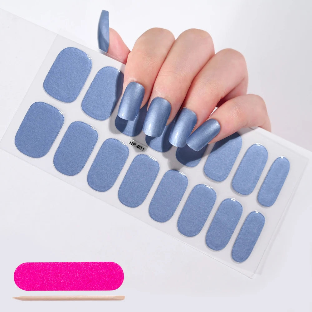 16Tips French Black Semi-Cured Nail Stickers With Glitter Long-Lasting UV Gel Nail Polish Wraps Full Cover Nail Art Decals Patch